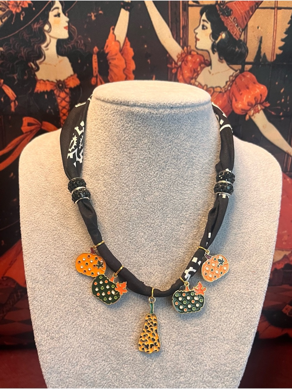 Black Bandana Scarf Necklace with Orange Green Pumpkin Charms & Wrap Bracelet